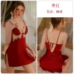 Guiruo Satin Deep V Lace and Chest Cushion Perspective Lace up Seduction Split Sleeping Dress Outer Robe Home Suit Set 2726