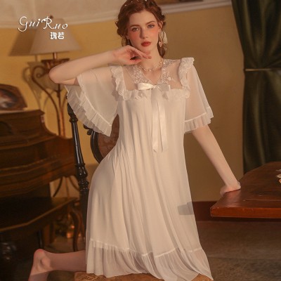 Guiruo brand sexy pajamas V-neck breathable private room short sleeved short skirt outer robe palace style home suit 2445