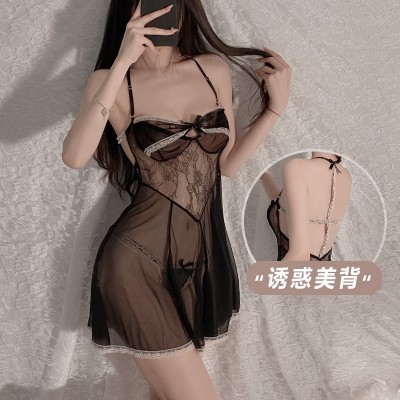 Guiruo Fun Underwear Sexy and Tempting Hot Mesh Lace Splice Perspective Open Back Suspended Sleeping Dress Set 2272