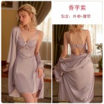 Guiruo Sexy Backless Solid Sweet Sleeping Dress with Chest Cushion Suspender Dress Outer Robe Comfortable Homewear Set P2731