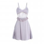 Guiruo Sexy Mesh Splice and Chest Pad Solid Satin Perspective Seduction Home Sleeping Dress Outrobe Set P3148