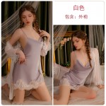 Guiruo Summer Sexy Backless Ice Silk Pure Desire Wind Comfortable Sleepwear Mesh Outer Robe Simple Home Fur Set 3402