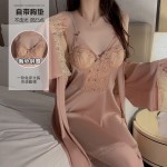 Rose Ruosi Smooth Satin Face Sweet Lace and Chest Cushion Steel Ring Gathering Sleeping Dress Lazy Outer Robe Home Set P3479