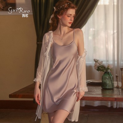 Guiruo Sexy Satin Deep V Private Sleeping Dress Solid Loose Mesh Perspective Outer Robe Women's Home Furnishing Set 2369