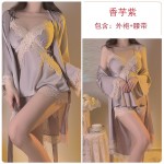 Guiruo Lingerie Sexy Deep V Plus Chest Pads Sweet Lace Satin Top, Shorts, Outer Robe, Women's Homewear Set