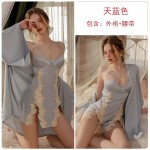 Rose like Spring and Summer Sexy Backless Temptation with Chest Pads Gathered Ice Silk Sling Sleeping Dress Outer Robe Home Fur Set 2979