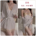 Guiruo Satin Lace Perspective Hollow Out with Chest Cushion Deep V Sexy Backless Nightgown Outrobe Home Suit Set 1048