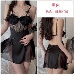 Guiruo Satin Lace and Chest Cushion Steel Ring Gathered and Collated, See-through Seduction Sleeping Dress, Outer Robe, Home Suit Set 2072