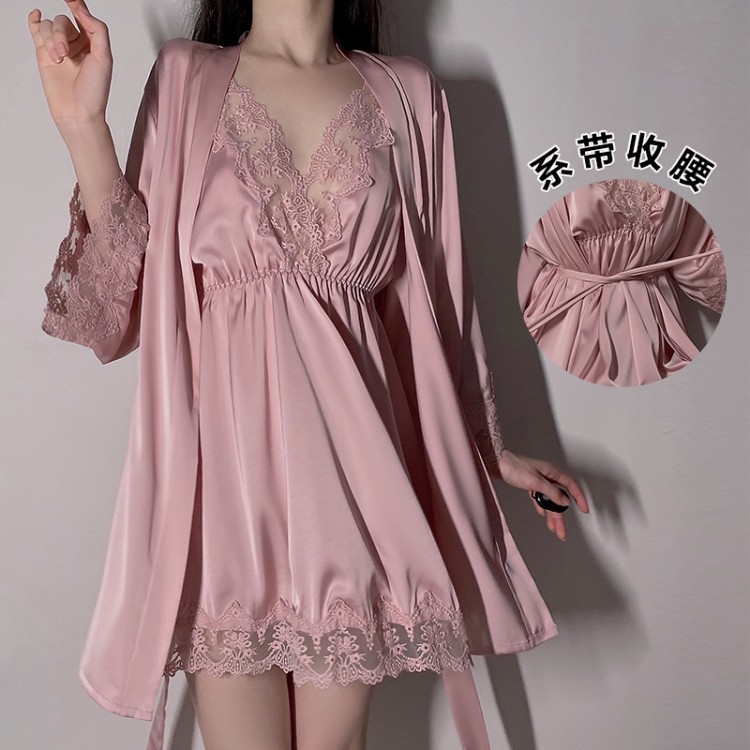 Guiruo Brand Sexy Deep V Long Sleeve Lace up Nightgown Satin Lace Suspended Dress Nightwear Women's Home Furnishing Set 267