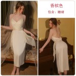 Guiruo New Satin Splice Chiffon Deep V Temptation Chest Cushion Open Back Simple Long Home Suspender Sleeping Dress J3178