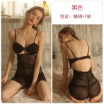 Guiruo Fun Underwear Sexy Pleated Slim Sleepwear Mesh Perspective Attractive Private Room Suspended Sleepwear Set 1860