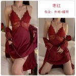 Guiruo Small Chest Pajamas with Ice Silk and Chest Pads Gathered Lace Perspective Sling Sleeping Dress Outer Robe Home Suit Set 3660