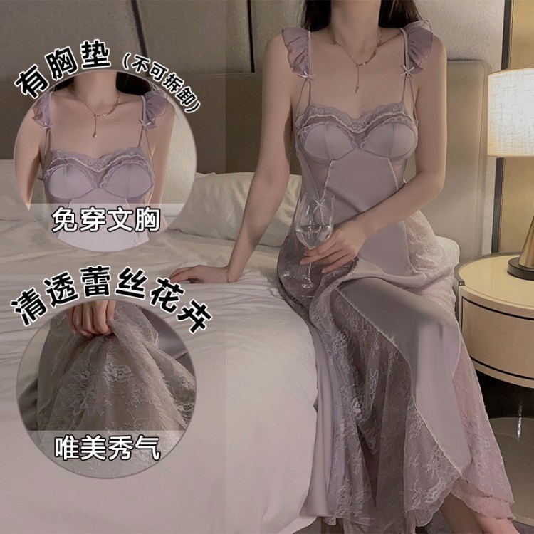 Ruo Ruo Clear Lace and Chest Cushion Transparent Cross Cut Back Sweet Flying Sleeves Long Satin Homewear Sleepwear Dress 3388