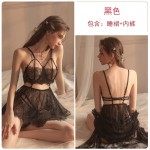 Guiruo Brand Sexy Leaky Breast Lace Embroidery Mesh Solid Color Suspended Sleeping Dress Outer Robe Women's Home Furnishing Set 176