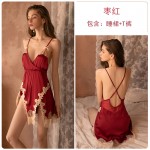 Qiruo Brand Autumn Sexy Deep V Pajamas Women's Satin Lace Split Sling Sleepwear Home Suit Set 1098