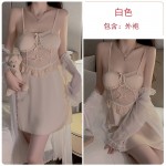 Guiruo Satin Lace Perspective and Chest Cushion Collar Low Chest Gathering Open Back Sleeping Dress Outer Robe Home Suit Set 3140