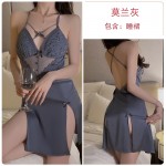 Guiruo Summer Sexy Backless Temptation Ice Silk Slit Sleepwear Sling Sleeping Dress Outer Robe Women's Home Furnishing Set 2355