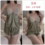 Guiruo Sexy Lace Spliced Ice Silk Pajamas with Chest Pads, Suspended Pajamas, Shorts, Outer Robe, Home Suit Set 3551