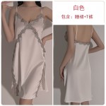 Guiruo Spring/Summer Thin Solid Color Strap Sexy Deep V Nightwear Home Furnished Lace Split Pajama Set Sent 199