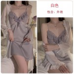 Guiruo Deep V Temptation Backless Lace up Slim Sleepwear Chest Pads Gathered Strap Skirt Outer Robe Home Suit Set J2708