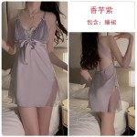 Guiruo Satin Deep V with Chest Pads Embroidered Mesh Spliced Sleeping Skirt Simple and Sweet Outer Robe Home Suit Set 3581