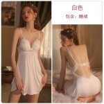 Guiruo Sexy Satin Smooth Deep V Open Back Chest Cushion Pure Desire Daisy Embroidery Suspended Dress Home Suit Set 1895