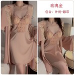 Rose Ruosi Smooth Satin Face Sweet Lace and Chest Cushion Steel Ring Gathering Sleeping Dress Lazy Outer Robe Home Set P3479