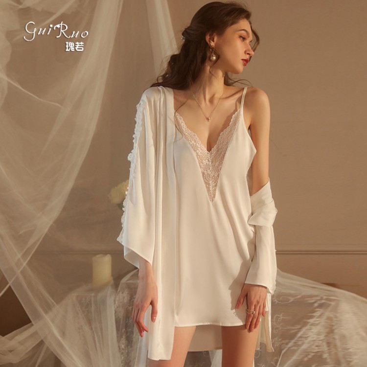 Guiruo brand sexy lace deep V solid color pajamas with open back suspenders, pajamas, outerwear, women's home clothing set 1906