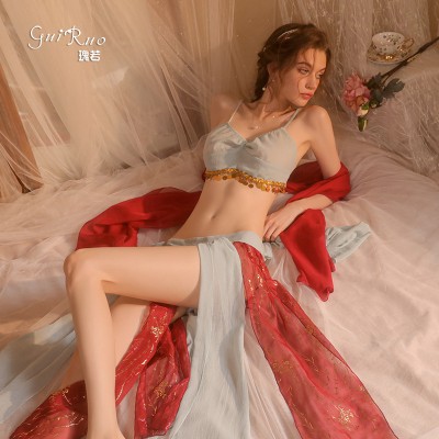 Guiruo New Fun Underwear Mesh Perspective Sexy Open Waist Lace up Ancient Hanfu Bed Uniform Set 2423