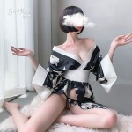 Guiruo Fun Lingerie Uniform Temptation Open Front Printed Japanese Bow Big Cuffs Kimono Sexy Set 693