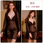 Guiruo Fun Lingerie Sexy Deep V Lace Perspective Temptation Sling Sleeping Dress Open Back Outer Robe Uniform Set 2107