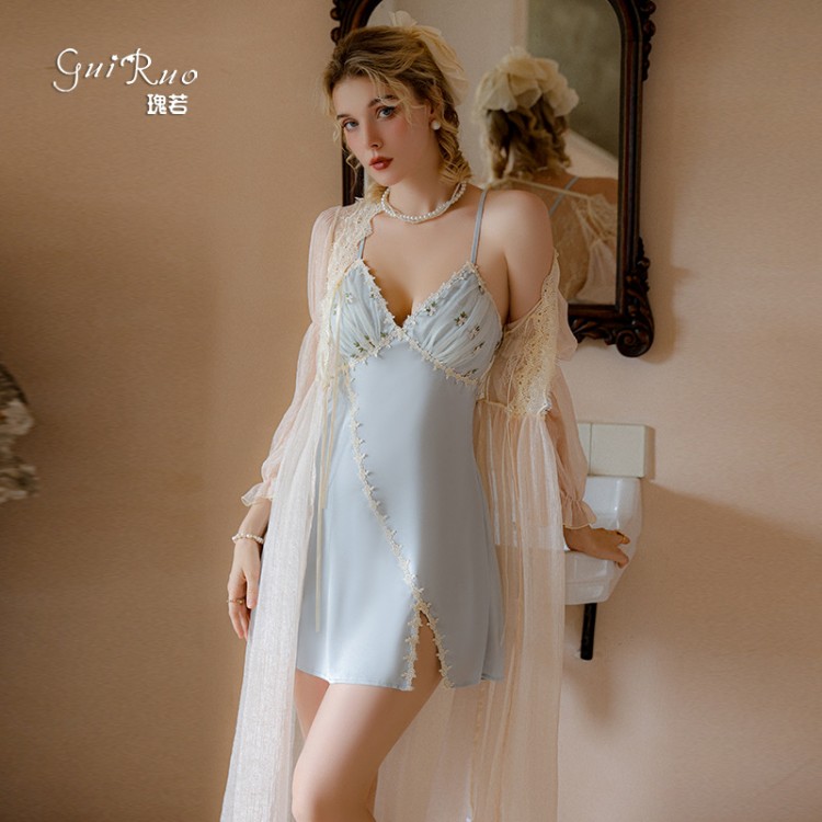 Guiruo Lingerie Sexy Small Split Embroidery Mesh Splice with Chest Cushion Satin Sleeping Dress Outer Robe Home Furnishing P2754