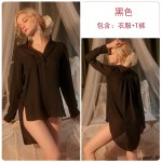 Guiruo Fun Underwear Chiffon Seduction Pure Desire Sleepwear Solid Color Boyfriend Shirt Solid Color Women's Uniform Set 050