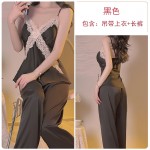 Guiruo New Three Piece Set of Ice Lace Pajamas with Chest Pads and Suspenders Pajamas Long Outrobe Women's Home Furnishing Set