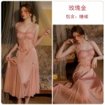 Guiruo Sexy Backless and Chest Cushion Perspective Lace Combination Yarn Seduction Sling Sleeping Dress Outer Robe Home Suit Set 3382