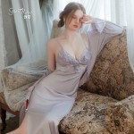 Guiruo Brand Sexy Split and Chest Cushion Ice Silk Comfortable Long Strap Sleeping Dress Outer Robe Home Set J2970