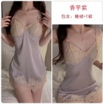 Guiruo Satin Lace Perspective Hollow Out with Chest Cushion Deep V Sexy Backless Nightgown Outrobe Home Suit Set 1048