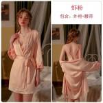 Guiruo Deep V Temptation Backless Lace up Slim Sleepwear Chest Pads Gathered Strap Skirt Outer Robe Home Suit Set J2708