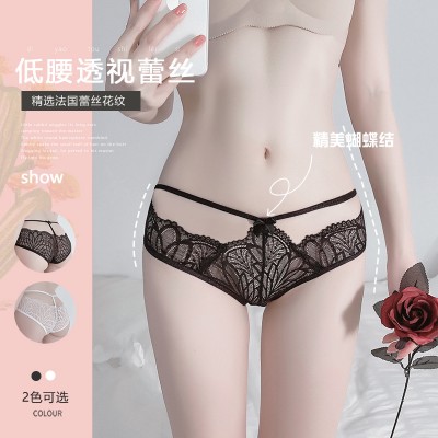 Guiruo Spring/Summer Fun Lingerie Women's Sexy Lace Perspective Attraction Cute and Sweet Bow Knot Low Waist Underwear 1153