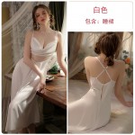 Guiruo French Sexy Deep V Swinging Neck Satin Mesh Perspective Cross over Open Back Women's Sleeping Dress Home Suit Set 3213