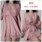 Guiruo Satin Embroidery Lace Sexy Deep V Suspended Nightwear Pajamas Lace up Solid Coat Home Suit Set 267