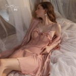 Guiruo Sexy Deep V Steel Ring Gathering with Chest Cushion, Small Chest Strap, Sleeping Dress, Casual Robe, Home Suit Set 2072