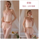 Guiruo Summer Sexy Ice Silk Splice Lace Suspender Top Shorts Outer Robe Women's Home Suit Set 19072