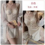 Guiruo satin patchwork lace perspective sexy deep V with chest cushion suspender, pajama robe, home suit set J3179