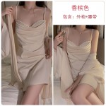 Guiruo Sexy Swinging Collar French Comfortable with Chest Pads Gathered Strap Sleeping Dress Outer Robe Women's Home Furnishing Set J3281