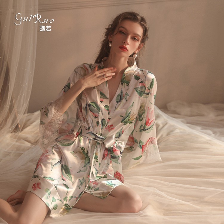 Guiruo Brand Sexy Lace Perspective Temptation Pajamas Printed Lace Up Outrobe Women's Home Fury Set 19165