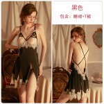 Guiruo Fun Lingerie Sexy Lace Perspective Attractive Split Sleepwear Open Back Suspended Dress Home Suit Set 1588