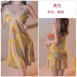 Guiruo Brand Yellow Fragmented Flower Chest Cushion with Satin Cross Lace Waist for Slim and Comfortable Sleeping Dress Outrobe Set 3788