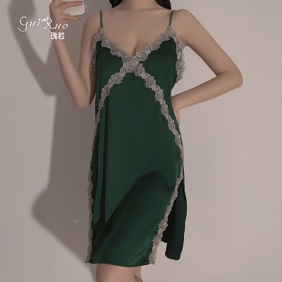 Guiruo Spring/Summer Thin Solid Color Strap Sexy Deep V Nightwear Home Furnished Lace Split Pajama Set Sent 199