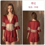 Guiruo Sexy Deep V Side Split Temptation Pajama Hanging Strap Pajama Dress Lace up Outer Robe Women's Home Furnishing Set 1033